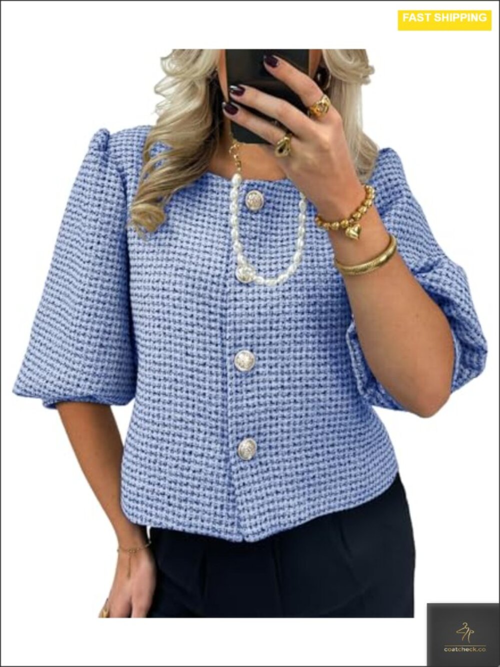 Cropped Tweed Blazer Puff Sleeve Gold Buttons Business Suit Jacket